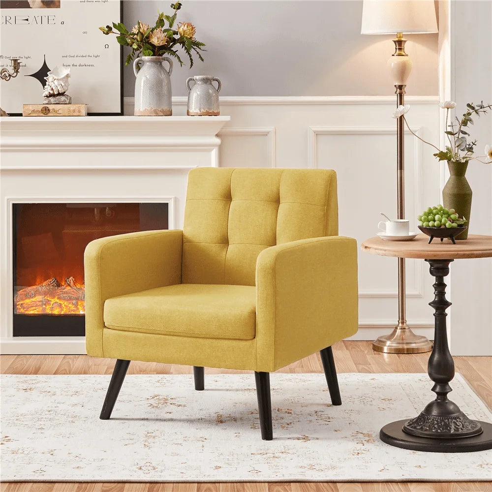 Modern Yellow Accent Fabric Chair with Rubber Wood Legs for Living Room