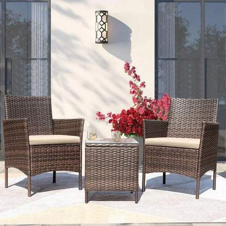3-Piece Patio Furniture Set: PE Rattan Wicker Chairs with Glass Table