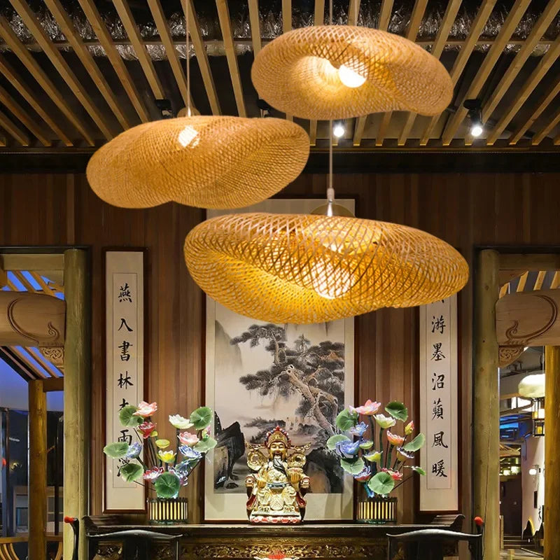 Lámpara de araña clásica de bambú tejida a mano